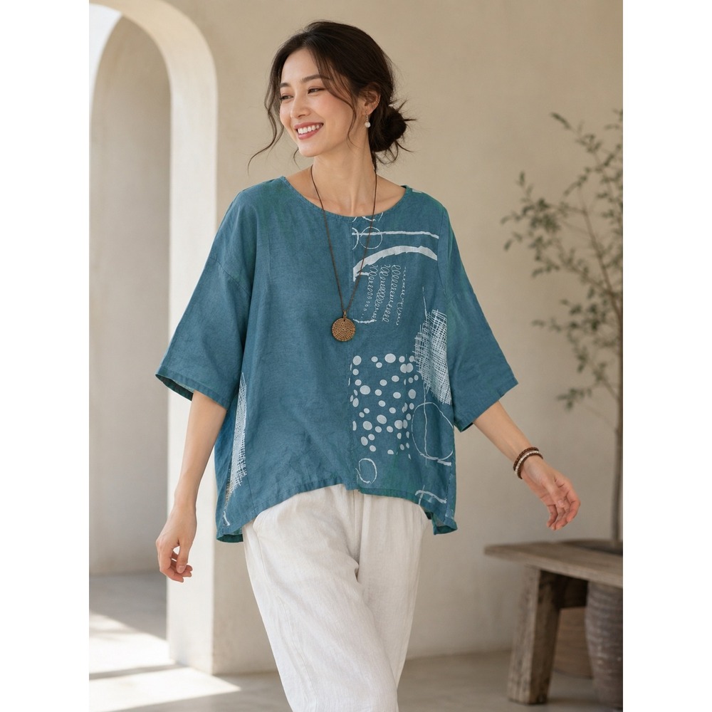 Chalet et ceci Linen Boxy Top Women Large Blue Abstract Lagenlook Good P52165